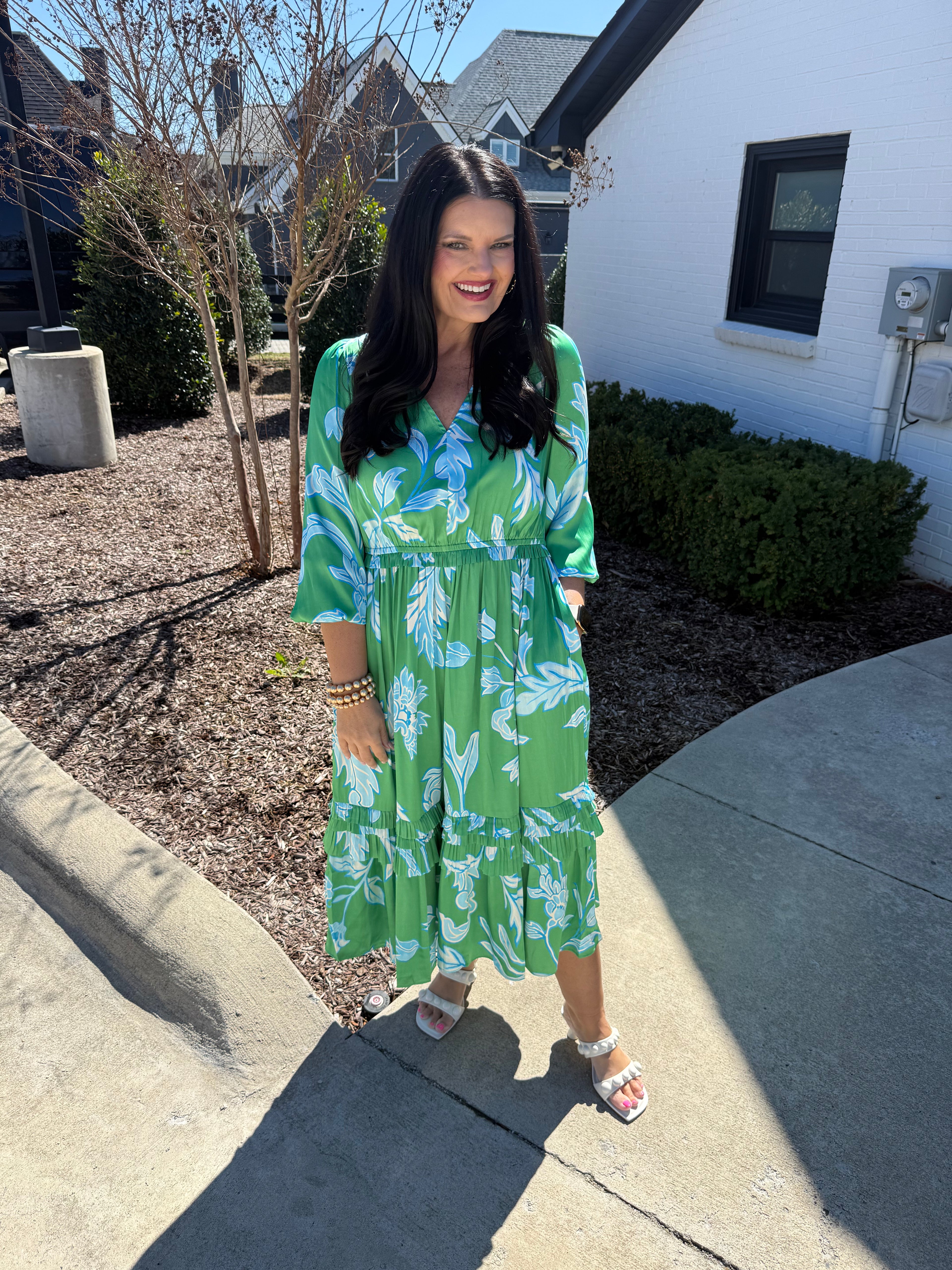 Silky Floral Balloon Sleeve Dress
