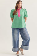 Gingham short puff sleeve top